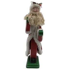 Handcrafted Wooden Santa Claus Figurine With Red Velvet Coat & White Trim